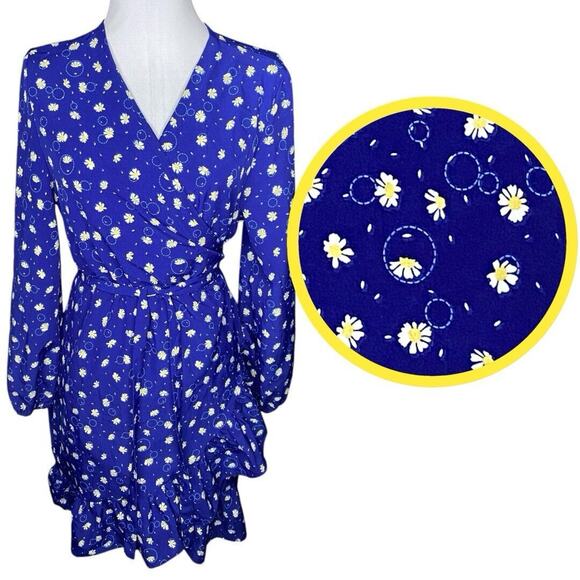 Daisy Bubble Wrap Dress Womens S Blue Long Sleeve Cottagecore Coquette Party Fun - Picture 2 of 9